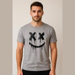 SHEIN Men's Large Gray T-Shirt Cross Eyes Smiley Face Graphic Casual Tee Top NIB